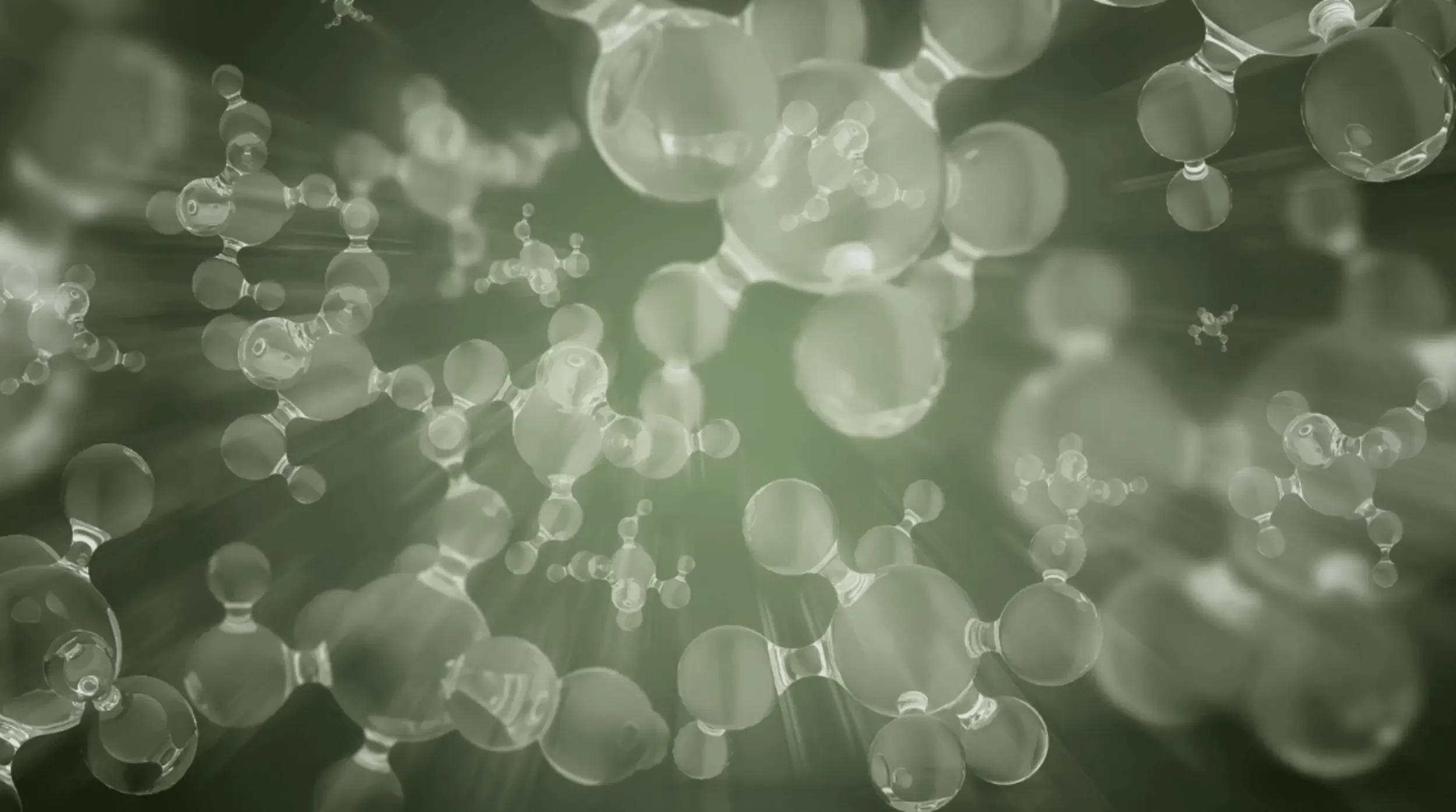 Illustration of clear molecular structures suspended in soft sage-green light, representing sound frequencies at a cellular level