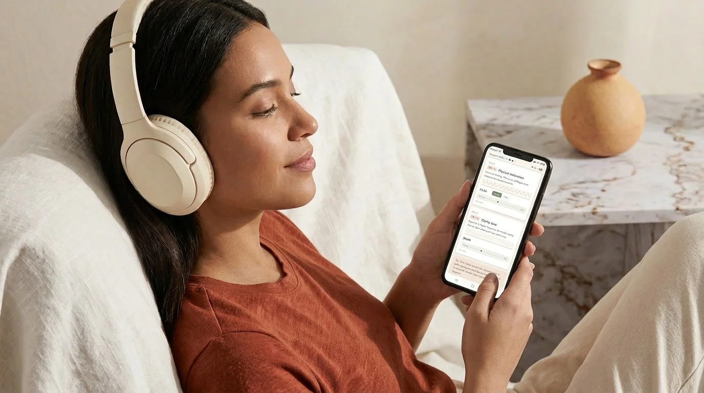Woman resting in warm light wearing headphones, using the Skin Resonance frequency routine on her phone