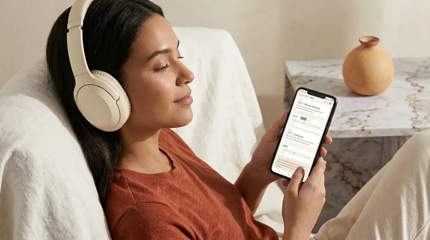 Woman resting in warm light wearing headphones, using the Skin Resonance frequency routine on her phone