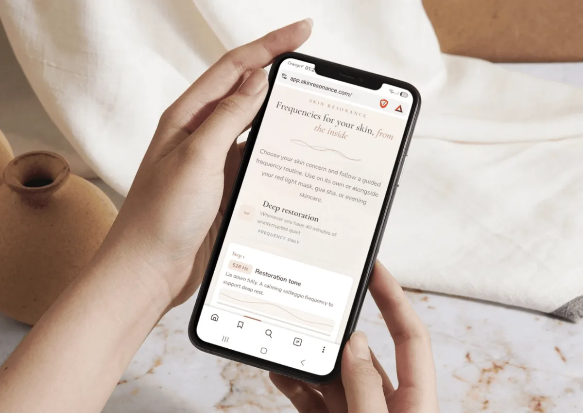 Skin Resonance app screen showing a frequency routine for anti-ageing